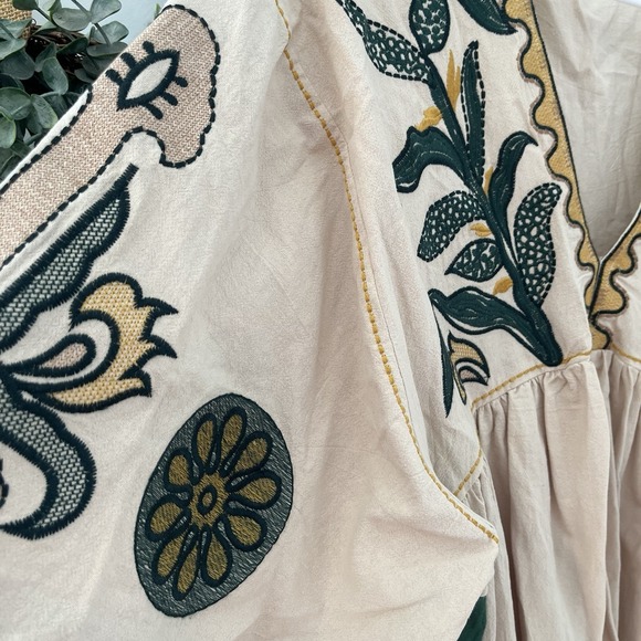 Veveret Linen Blend Babydoll Embroidered Boho Floral Patchwork Tunic Dress L - Picture 4 of 9
